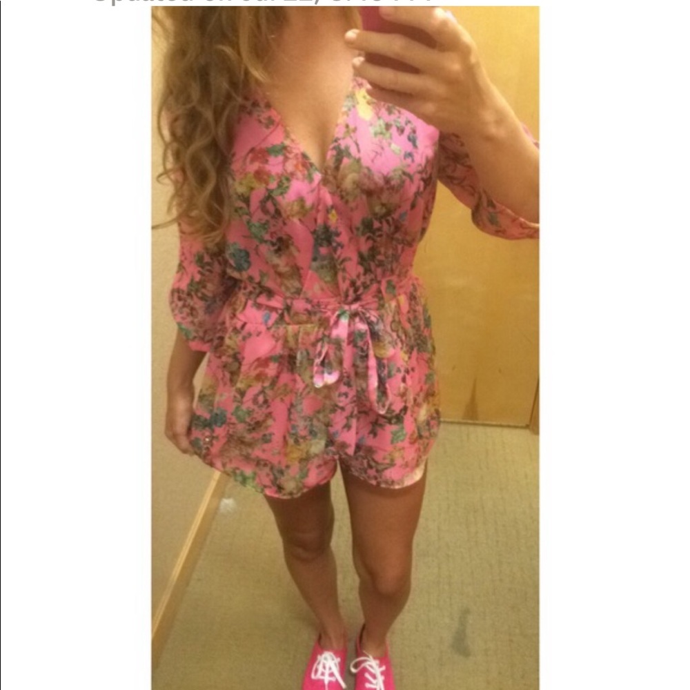 Ark & Co pink floral surplice romper tie waist